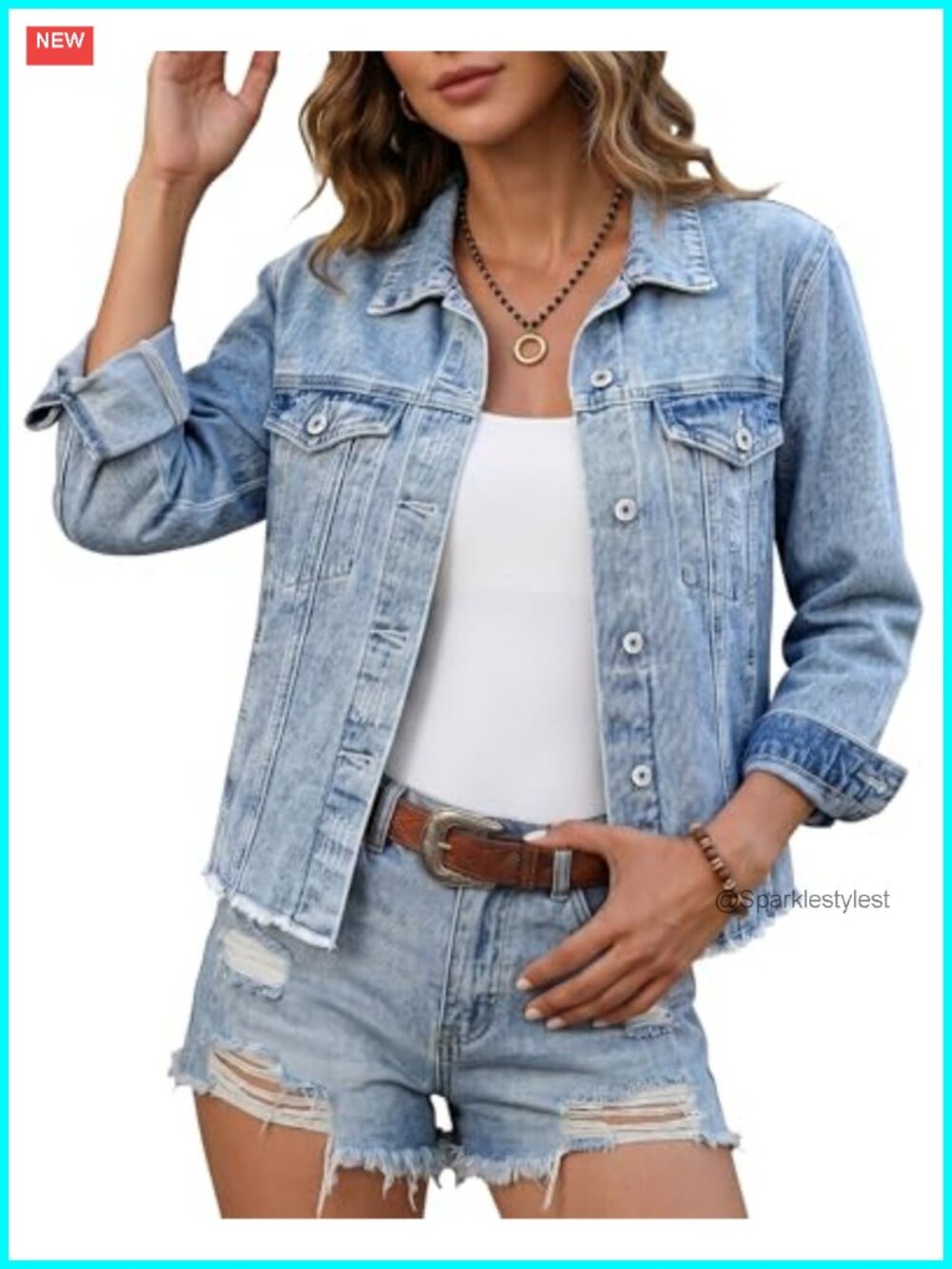 Denim Jacket Women Button Down Western Trucker Jacket Frayed Hem Pockets